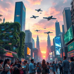 A futuristic cityscape at sunset, showcasing a blend of organic and mechanical architecture