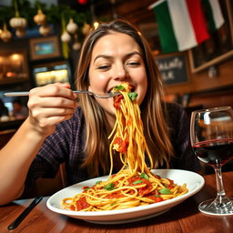 A delightful scene of a person enjoying a plate of spaghetti, twirling the noodles around a fork, with sauce dripping and fresh basil sprinkled on top