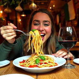 A delightful scene of a person enjoying a plate of spaghetti, twirling the noodles around a fork, with sauce dripping and fresh basil sprinkled on top