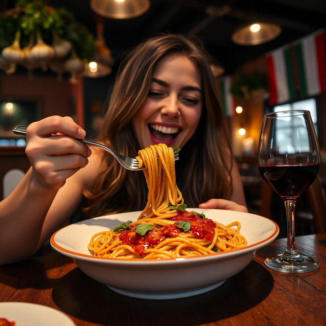 A delightful scene of a person enjoying a plate of spaghetti, twirling the noodles around a fork, with sauce dripping and fresh basil sprinkled on top