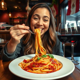 A delightful scene of a person enjoying a plate of spaghetti, twirling the noodles around a fork, with sauce dripping and fresh basil sprinkled on top