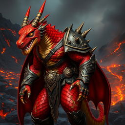 A striking and powerful Dragonborn character with vibrant red and orange scales, standing in a dynamic pose