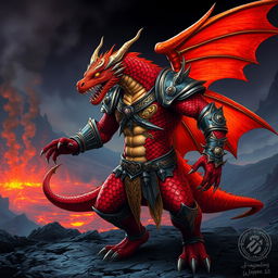 A striking and powerful Dragonborn character with vibrant red and orange scales, standing in a dynamic pose