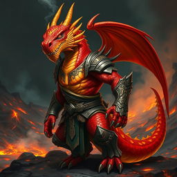 A striking and powerful Dragonborn character with vibrant red and orange scales, standing in a dynamic pose