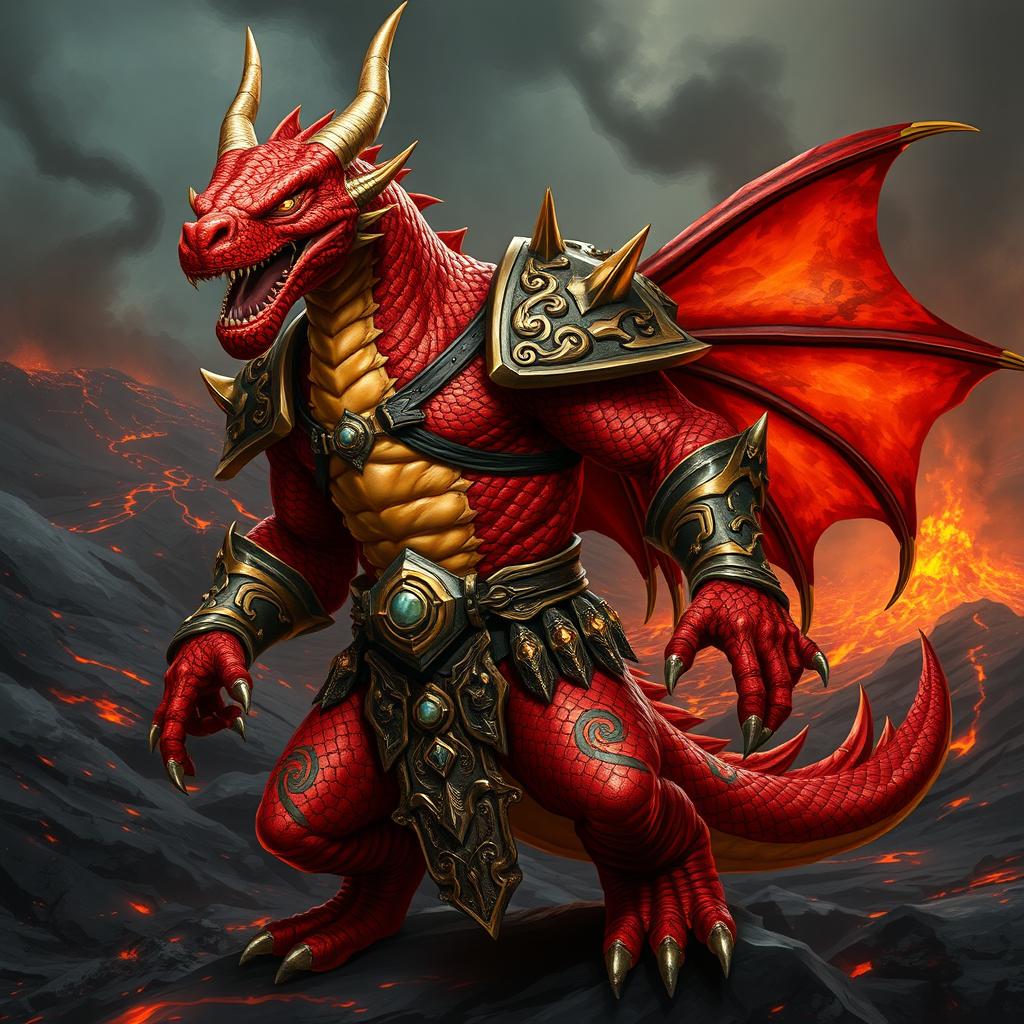 A striking and powerful Dragonborn character with vibrant red and orange scales, standing in a dynamic pose