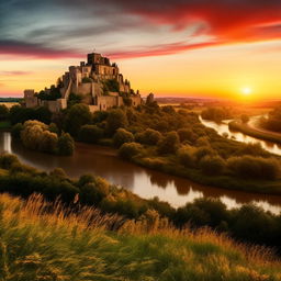 Generate a beautiful image of a medieval castle during sunset, surrounded by lush green fields, with a river flowing gracefully nearby.