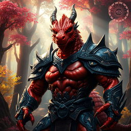 A fierce Dragonborn character with metallic red and orange skin that gleams in the light, showcasing reflective scales like polished armor