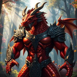 A fierce Dragonborn character with metallic red and orange skin that gleams in the light, showcasing reflective scales like polished armor