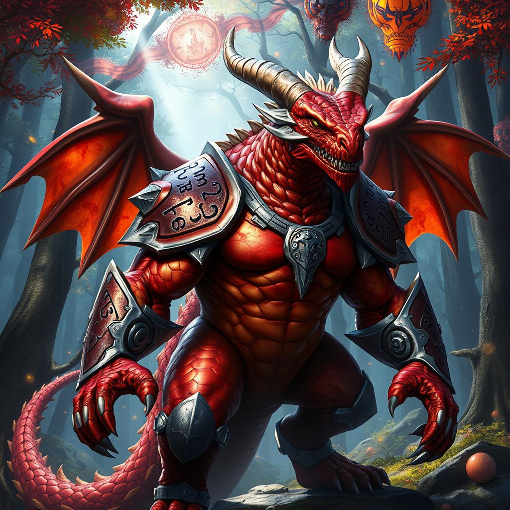 A fierce Dragonborn character with metallic red and orange skin that gleams in the light, showcasing reflective scales like polished armor