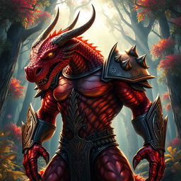 A fierce Dragonborn character with metallic red and orange skin that gleams in the light, showcasing reflective scales like polished armor