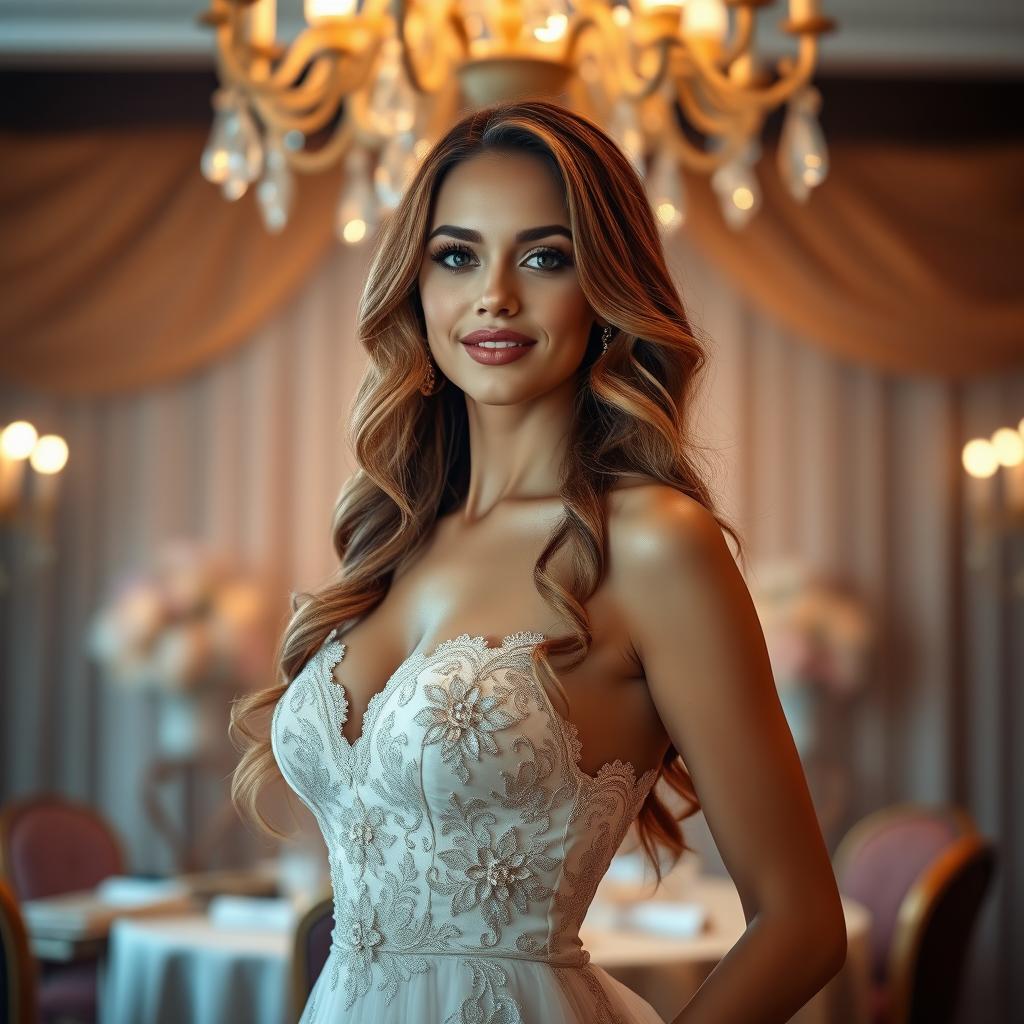 A stunning portrait of an elegant woman with long wavy hair, dressed in a luxurious evening gown, set against a softly illuminated backdrop reminiscent of a lavish gala