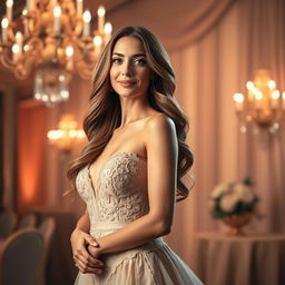 A stunning portrait of an elegant woman with long wavy hair, dressed in a luxurious evening gown, set against a softly illuminated backdrop reminiscent of a lavish gala
