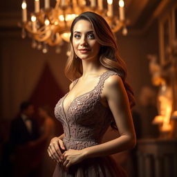 A stunning portrait of an elegant woman with long wavy hair, dressed in a luxurious evening gown, set against a softly illuminated backdrop reminiscent of a lavish gala