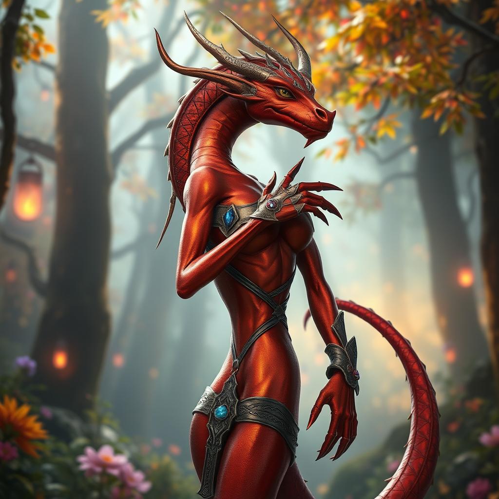 A slender Dragonborn character with metallic red and orange skin that shimmers like polished metal