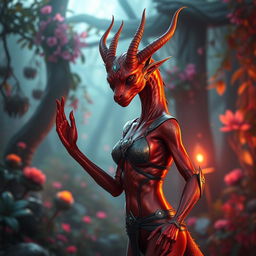 A slender Dragonborn character with metallic red and orange skin that shimmers like polished metal