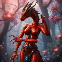 A slender Dragonborn character with metallic red and orange skin that shimmers like polished metal