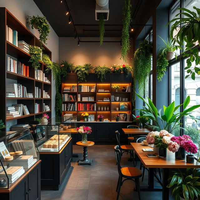 A cozy confectionery cafe combined with a charming flower shop that also features a small bookstore