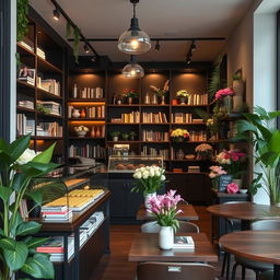 A cozy confectionery cafe combined with a charming flower shop that also features a small bookstore
