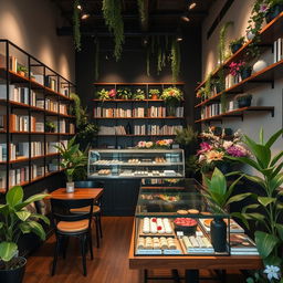 A cozy confectionery cafe combined with a charming flower shop that also features a small bookstore