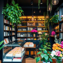 A cozy confectionery cafe combined with a charming flower shop that also features a small bookstore