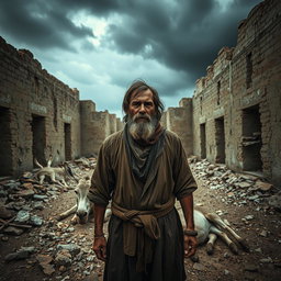 A somber scene featuring a rugged man standing in front of a deceased donkey in a dilapidated ruin