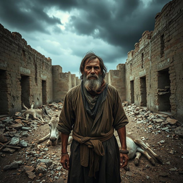 A somber scene featuring a rugged man standing in front of a deceased donkey in a dilapidated ruin