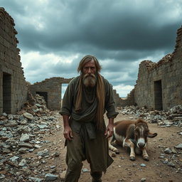 A somber scene featuring a rugged man standing in front of a deceased donkey in a dilapidated ruin