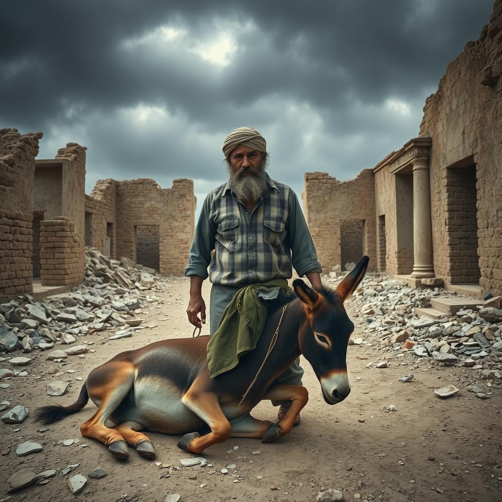 A somber scene featuring a rugged man standing in front of a deceased donkey in a dilapidated ruin