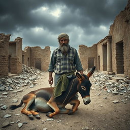 A somber scene featuring a rugged man standing in front of a deceased donkey in a dilapidated ruin