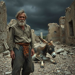 A somber scene featuring a rugged man standing in front of a deceased donkey in a dilapidated ruin