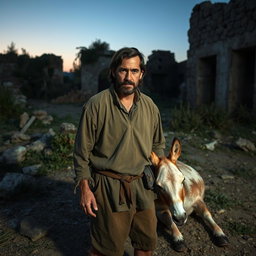 A rugged man standing solemnly in front of a dead donkey amidst crumbling ruins