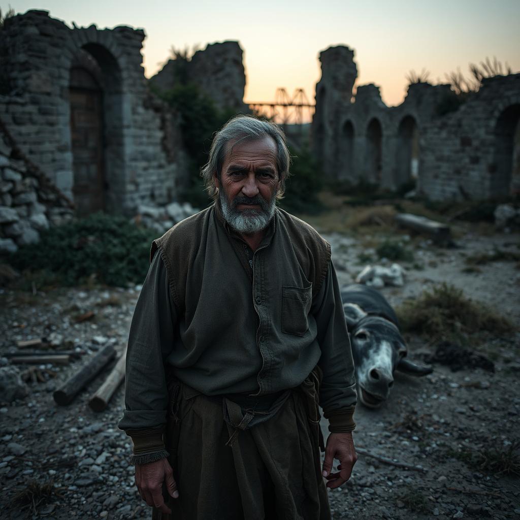 A rugged man standing solemnly in front of a dead donkey amidst crumbling ruins