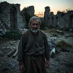 A rugged man standing solemnly in front of a dead donkey amidst crumbling ruins