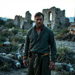 A rugged man standing solemnly in front of a dead donkey amidst crumbling ruins