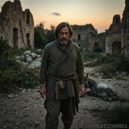 A rugged man standing solemnly in front of a dead donkey amidst crumbling ruins
