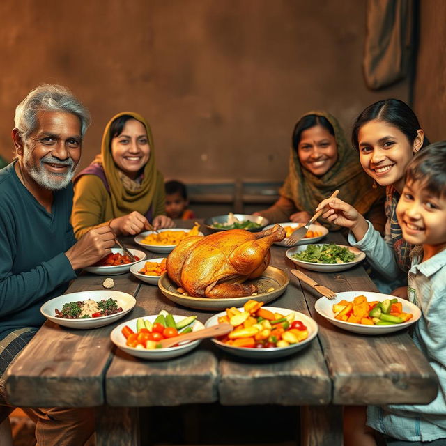 A heartwarming scene of a poor man and his family gathered around a rustic wooden table, sharing a meal of freshly cooked meat