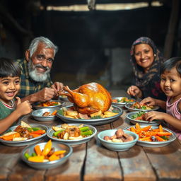 A heartwarming scene of a poor man and his family gathered around a rustic wooden table, sharing a meal of freshly cooked meat