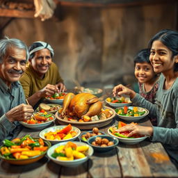 A heartwarming scene of a poor man and his family gathered around a rustic wooden table, sharing a meal of freshly cooked meat