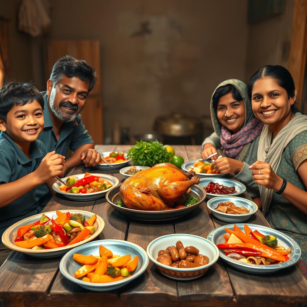 A heartwarming scene of a poor man and his family gathered around a rustic wooden table, sharing a meal of freshly cooked meat