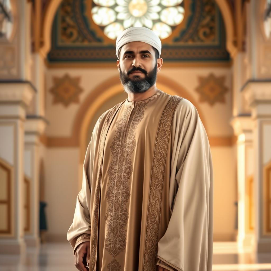 A full-length portrait of an Islamic man, wearing traditional attire that includes a long flowing robe known as a thobe, decorated with intricate patterns