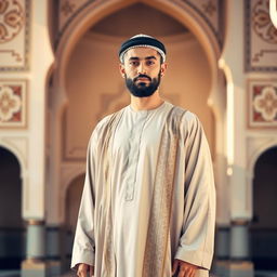 A full-length portrait of an Islamic man, wearing traditional attire that includes a long flowing robe known as a thobe, decorated with intricate patterns