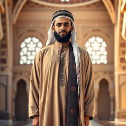 A full-length portrait of an Islamic man, wearing traditional attire that includes a long flowing robe known as a thobe, decorated with intricate patterns