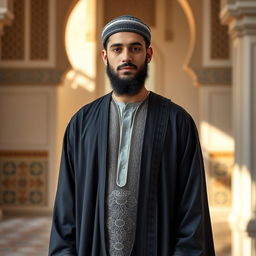 A full-length portrait of an Islamic man, wearing traditional attire that includes a long flowing robe known as a thobe, decorated with intricate patterns