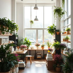 A bakery cafe and flower shop combined with a cozy bookstore, featuring a minimal and modern design