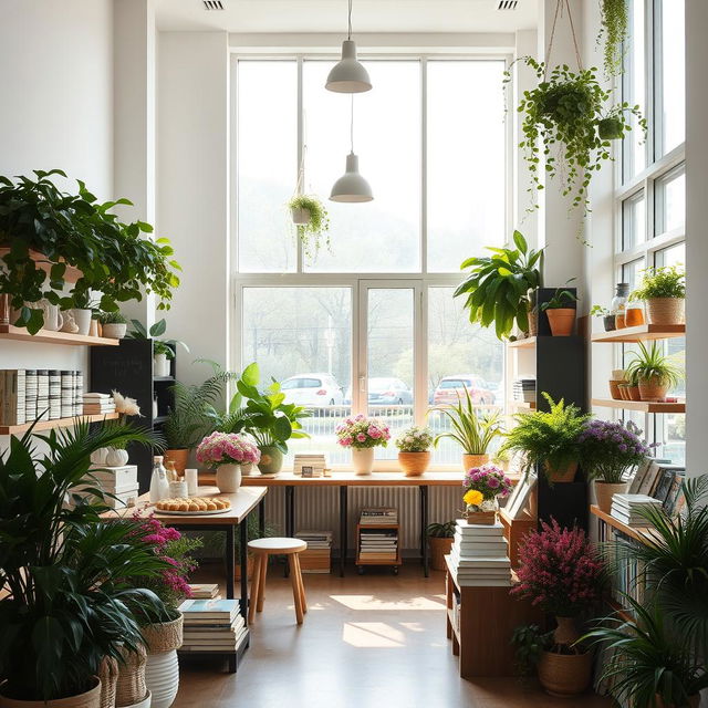A bakery cafe and flower shop combined with a cozy bookstore, featuring a minimal and modern design