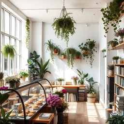 A bakery cafe and flower shop combined with a cozy bookstore, featuring a minimal and modern design