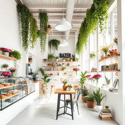 A bakery cafe and flower shop combined with a cozy bookstore, featuring a minimal and modern design