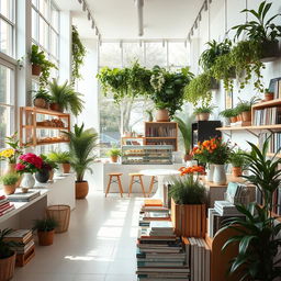 A bakery cafe and flower shop combined with a cozy bookstore, featuring a minimal and modern design
