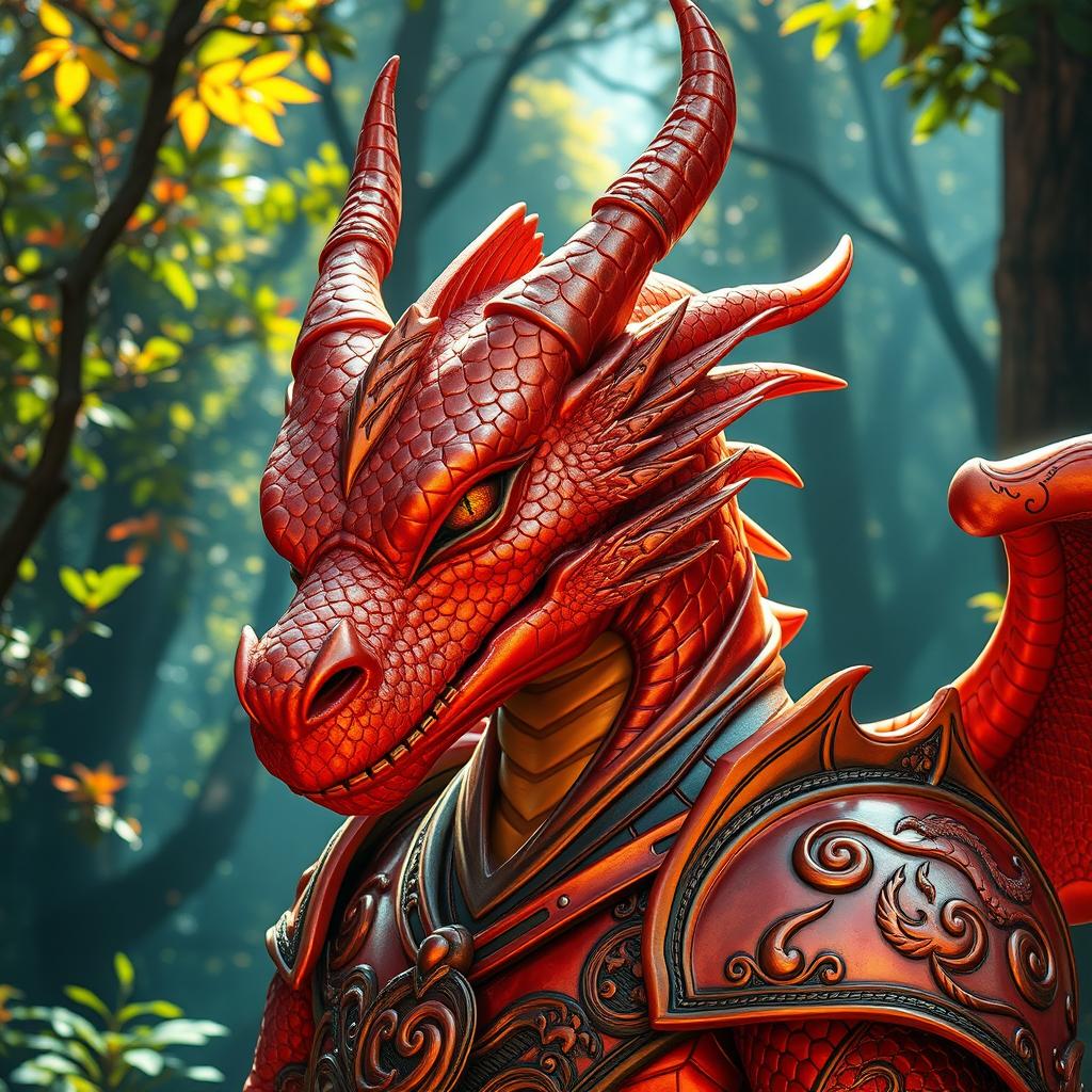 A majestic dragonborn character featuring shimmering light red and orange metallic skin, showcasing intricate scales that catch the light beautifully