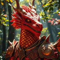 A majestic dragonborn character featuring shimmering light red and orange metallic skin, showcasing intricate scales that catch the light beautifully